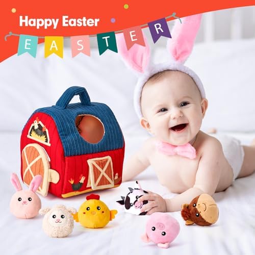 hahaland Baby Toys 6-12 Months - Surprise Barn with Stuffed Farm Animals, Rattle, Crinkle Paper, Mirror - Montessori Toys for 6 Month Old Babies, Sensory Balls Toddlers 1-3, 1 Year Old Boy Girl Gifts
