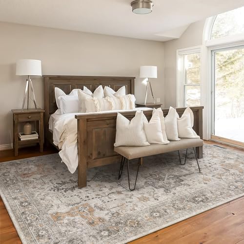 GENIMO 5X7 Area Rugs for Living Room, Machine Washable Non Slip Vintage Rugs, Low Pile Lightweight Chenille Print Rug for Bedroom, Dining Room, Home Office, Light Taupe Brown