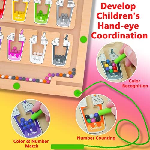 Magnetic Color and Number Maze, Montessori Wooden Magnet Puzzle Game Board for Toddlers, Learning & Education Toys for Preschoolers, Fine Motor Skills Toys for Boys Girls 3-5 Years Old
