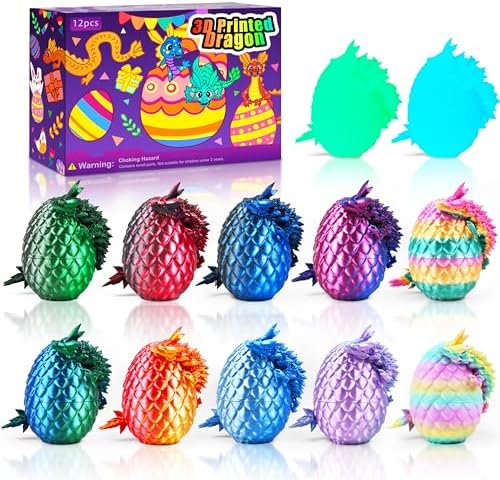 12PCS 3D Printed Dragon Eggs with Dragon Inside, Cool Stuff Fun Gifts, Mini Dragon Egg Set Articulated Crystal Dragon Fidget Toy for Adults Teens Boy Gifts Easter Basket Stuffers