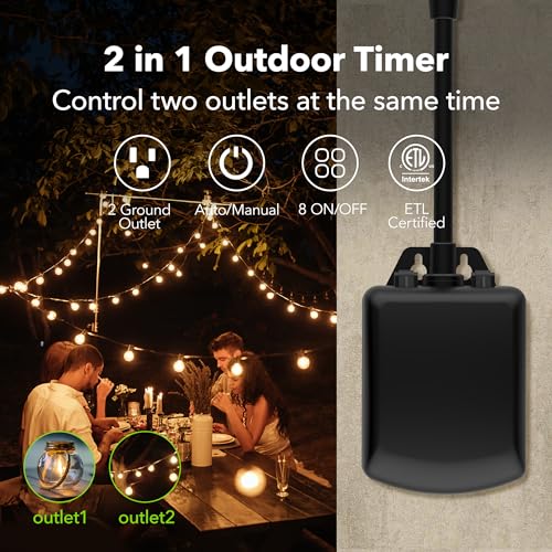 BN-LINK 7 Day Outdoor Heavy Duty Digital Programmable Timer, Outdoor Timer Outlet Waterproof, 2 Grounded Electrical Outlets for Christmas Lights, 15A 1/2HP,ETL Listed