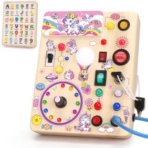 Unicorn Busy Board, Montessori Wooden Toddler Toys, Sensory Travel Toys, Ideal Gift for 1+ Year Old Girls (Unicorn Busy Board Plus V2)