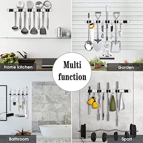 AceMining 5 Racks and 4 Hooks Mop and Broom Holder Wall Mount, Broom Organizer Storage Tool Racks Stainless Steel Heavy Duty Hooks Self Adhesive Solid Non-slip for Home Kitchen Garden Laundry Garage