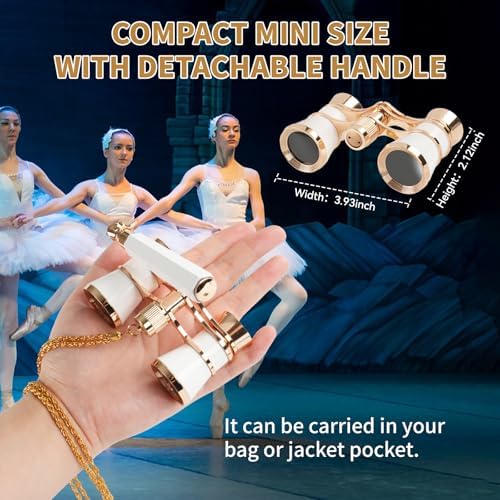 3X25 Opera Glasses for Women with Adjustable Handle & Chain,BK7 Optical Lens, Vintage Compact Mini Theater Binoculars Adults Kids in Opera Musical Concert-White