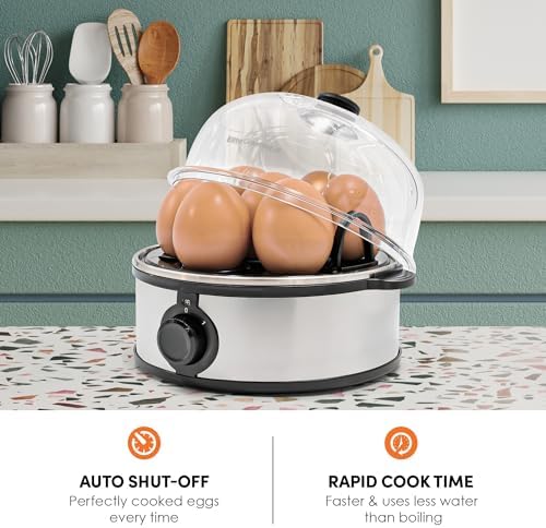 Elite Gourmet EGC724SS Easy Electric Poacher, Omelet Eggs & Soft, Medium, Hard-Boiled Egg Boiler Cooker with Auto Shut-Off and Buzzer, Measuring Cup Included, BPA Free, 7, Stainless Steel