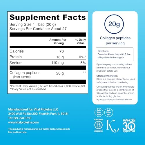 Vital Proteins Collagen Peptides Powder - Grass Fed Collagen Peptides for Hair, Nail, Skin, Bone & Joint Health, Unflavored, 27 Servings