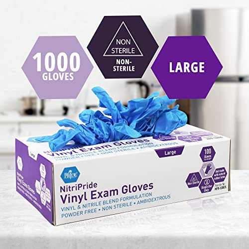 MED PRIDE Medical Grade Vinyl Single Use Non Latex Exam Gloves, Powder Free, Rubber Free, Non Sterile Gloves for Medical, Cleaning (Large 1000)