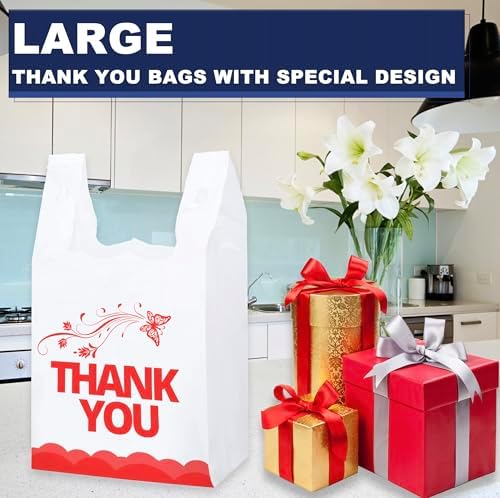1000PCS White “Thank You” T-Shirt Bags – Reusable & Disposable Grocery and Supermarket Shopping Bags, 11"x6"x21"
