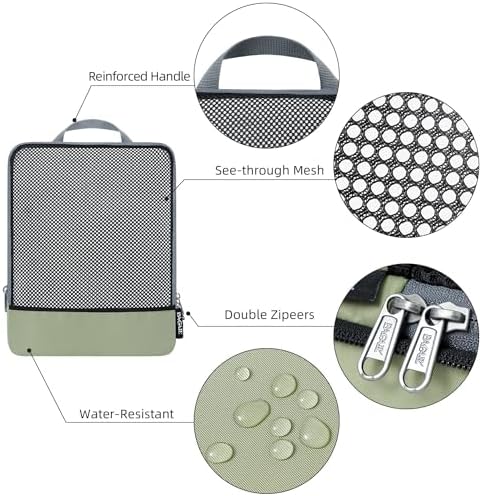 BAGAIL 4 Set/6 Set/8 Set Compression Packing Cubes Travel Accessories Expandable Packing Organizers (Half Mesh, 6-Matcha Green)