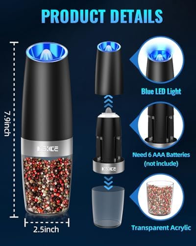 Gravity Electric Pepper and Salt Grinder Set, Adjustable Coarseness, Battery Powered with LED Light, One Hand Automatic Operation, Stainless Steel Black, 2 Pack