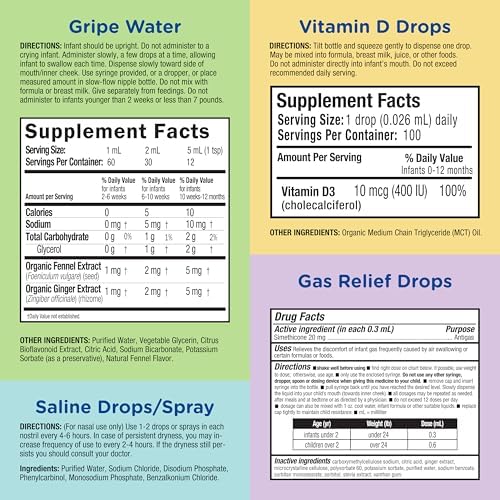 Mommy's Bliss 4-Piece Newborn and Baby Essentials Kit - With Gripe Water, Gas Relief Drops, Vitamin D 400IU, and Saline Drops/Spray - The Perfect Baby Gift.