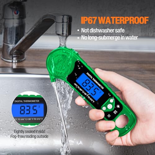 Digital Meat Thermometer for Grilling, Candy Thermometer Instant Read Food Thermometer Waterproof with Backlight for Cooking, Deep Fry, BBQ, Grill, Smoker and Roast (Green)