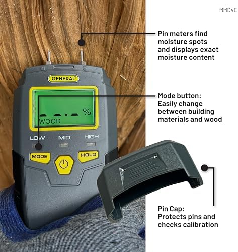 General Tools MMD4E Digital Moisture Meter, Water Leak Detector, Moisture Tester, Pin Type, Backlit LCD Display With Audible and Visual High-Medium-Low Moisture Content Alerts, Grays
