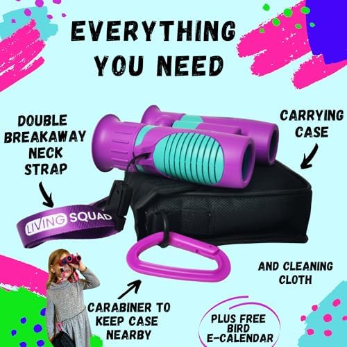 Kids Binoculars 8x21 Purple- Girls Age 3-12, Shock Proof Compact Binoculars Child Set- Neck Strap, Compass, Carabiner, Case, High-Resolution Bird Watching Optics Child Gift CampingToy Travel