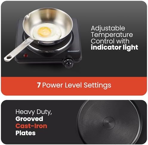 Elite Gourmet ESB-301BF# Countertop Single Cast Iron Burner, 1000 Watts Electric Hot Plate, Temperature Controls, Power Indicator Lights, Easy to Clean, Black