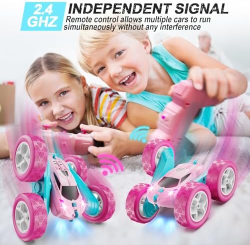 RC Cars, Pink Remote Control Car for Girls, 2.4 GHZ Double Sided RC Stunt Car 360° Rotating Remote Control Crawler with Headlights Car Toys for 6 7 8 9 10 11 12 Girls Birthday Gift