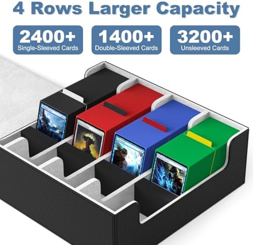 Mlikero Card Deck Case, 2400+ Trading Card Storage Box with 10 Colorful Dividers and 4 Foam Stoppers, Leather Magnetic Closure Commander Deck Box Fit for MTG, TCG (4 Rows, Black&Grey)