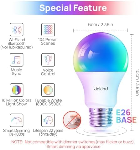Linkind Smart Light Bulbs, Smart Bulb That Work with Alexa & Google Home, LED Light Bulbs Color Changing, 104 Preset Scene, Music Sync, A19 E26 2.4GHz RGBTW WiFi Bluetooth Light Bulb 60W, 800LM, 4Pack