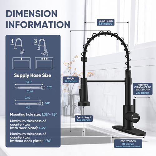 Kitchen Faucets with Pull Down Sprayer Commercial Industrial Stainless Steel Single Handle Single Hole Spring Farmhouse RV Sink Faucet, Matte Black Kitchen Faucet for Laundry Utility Room Sink