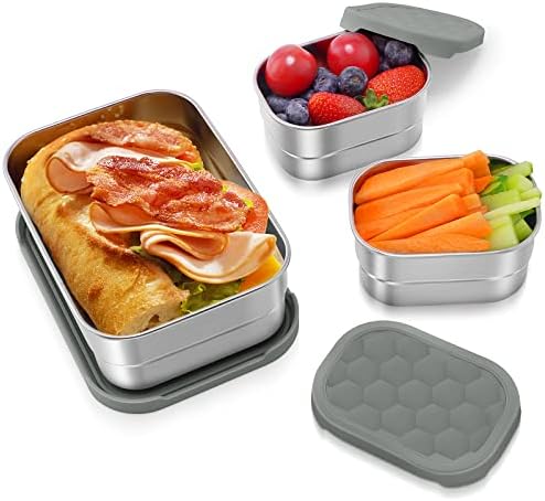 3 CUP+1 CUP Stainless Steel Lunch Snack Containers Set | Leak Proof 304 Stainless Steel Food Containers with Silicone Lids - Perfect Metal Lunch Box for School and Daycare (25oz+8oz*2)