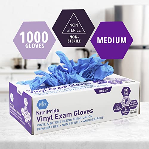 MED Pride Non-Latex Non-Sterile Single-Use Exam Gloves Medium 1000 - Powder Free, Latex Free & Rubber Free - Single Use Non-Sterile Protective Gloves for Medical Use, Cooking, Cleaning & More