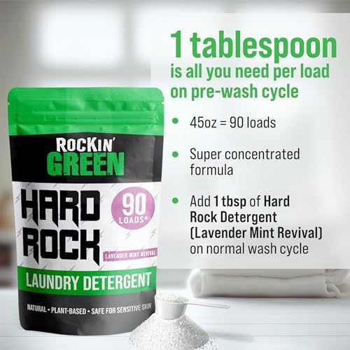 Rockin' Green Hard Rock Laundry Detergent for Hard Water (90 Loads), Plant based, Natural Laundry Detergent Powder, Biodegradable Odor Fighter, Safe for Sensitive Skin, 45 oz (Lavender Mint Revival)