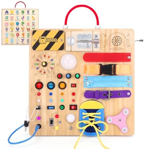 Busy Board,Montessori Toys for 1-3 Years Old, Wooden Toddler Toys, Autism Sensory Travel Toy, Ideal Gift for 1+ Year Old Boys (Busy Board Plus v3)