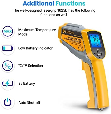 Etekcity Infrared Thermometer 1025D (Not for Human) Dual Laser Temperature Gun-58℉~1022℉ (-50℃~550℃) with Adjustable Emissivity, Non-Contact Voltage Tester (NCV), Standard Size, Yellow & Gray