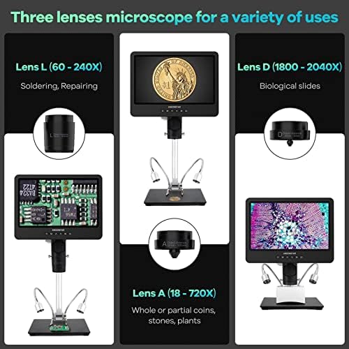 Andonstar AD249S-M 10.1 Inch HDMI Digital Microscope 2000x for Adults, 3 Lens 2160P UHD Video Record, Soldering Microscope for Electronics Repair, Error Coins, Pro Boom Arm Stand, Windows Compatible
