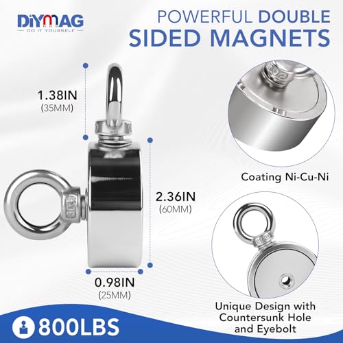 DIYMAG Fishing Magnet Kit, 800 LBs Pulling Force, Super Strong Neodymium Fishing Magnets Kit with Case, 20m (65 FT) Durable Rope,Gloves,Grappling Hook,Carring Bag,Towel and Thread Locker