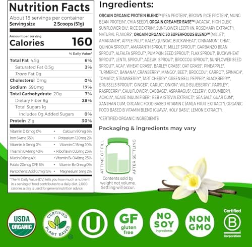 Orgain Organic Vegan Protein + 50 Superfoods Powder Bundle - Creamy Chocolate Fudge & Vanilla Bean, 21g Plant Based Protein, 2.02 lb Each