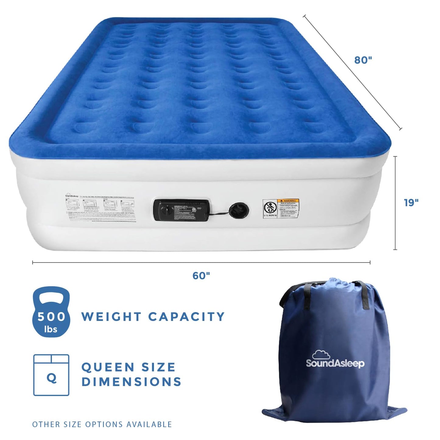 SoundAsleep Products Dream Series Luxury Air Mattress, ComfortCoil Technology, Built-in High Capacity Pump for Home, Camping- Double Height, Adjustable, Inflatable Blow Up, Portable (Queen Size)