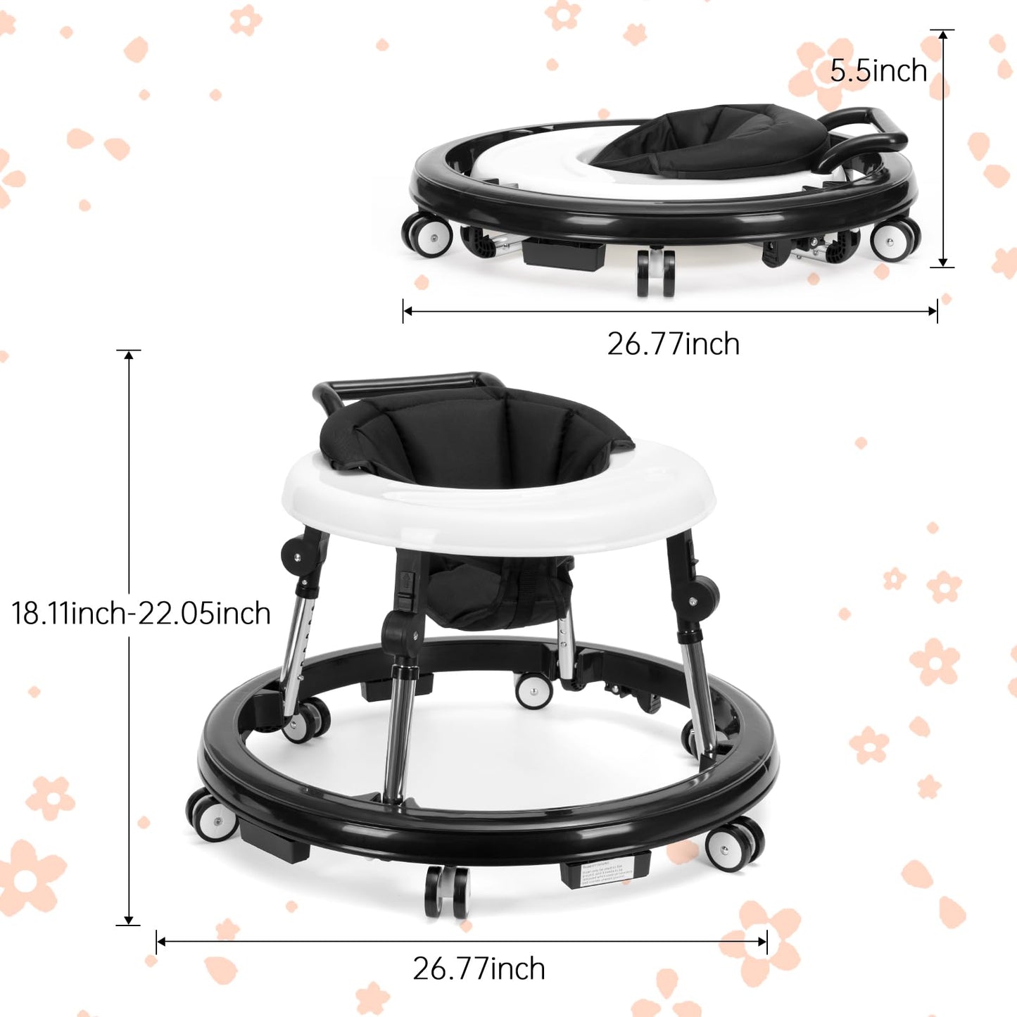 TreeCute Baby Walker Foldable with 9 Adjustable Heights, Baby Walker with Wheels Portable, Infant Toddler Walker for Baby Boy Girls 6-18 Months