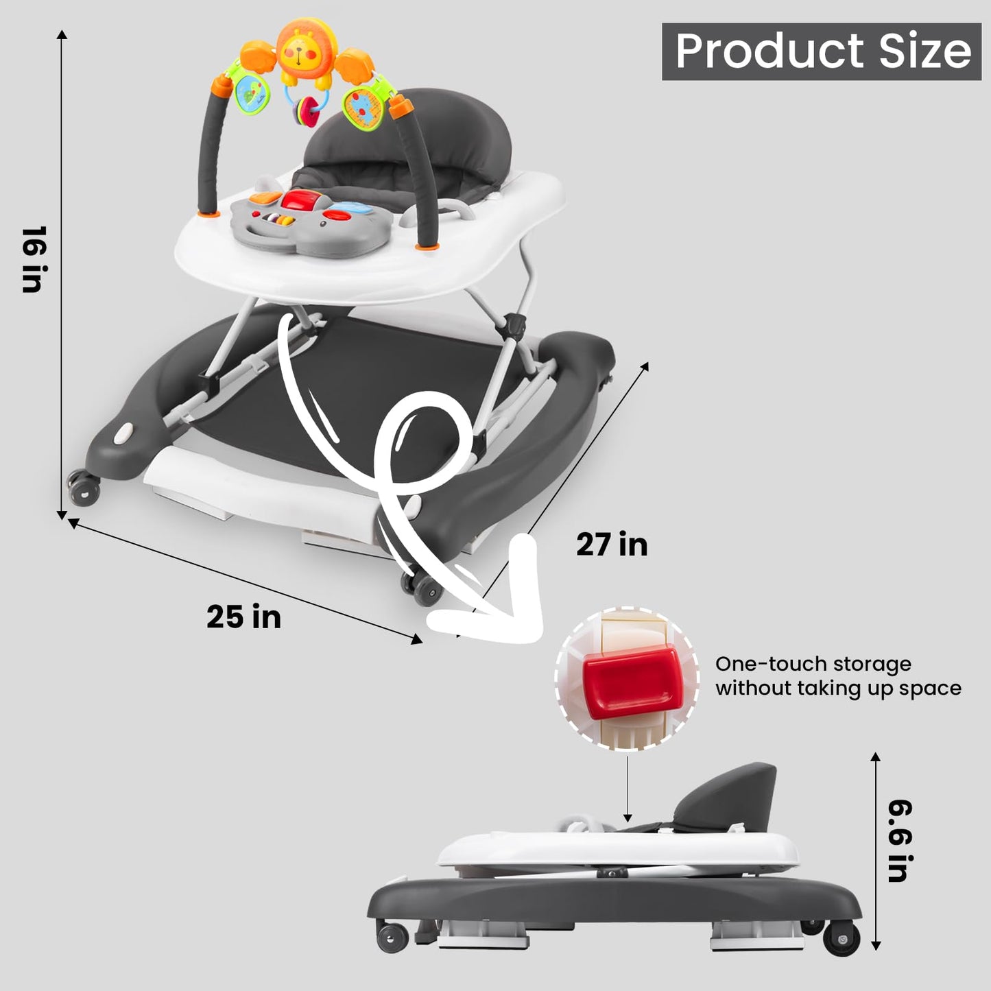 Boyro Baby Baby Walker, 5-in-1 Baby Walkers for Boys and Girls 6-12 Months with Bouncer, Removable Footrest, Feeding Tray & Music, Foldable & Adjustable Activity Walker for 6-18 Months Toddler Infant