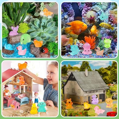 180pcs Luminous Mini Resin Animals Colorful Tiny Small Little Glow in the Dark Mini Resin Figures to Hide Miniature Animal Figurines for DIY Dollhouse Micro Garden Landscape Aquarium Decor Gift Crafts