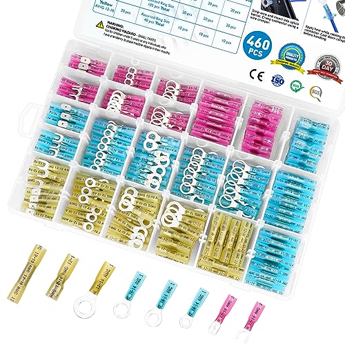 TICONN 460Pcs Heat Shrink Wire Connectors, Waterproof Automotive Marine Electrical Terminals Kit, Crimp Connector Assortment, Ring Fork Spade Butt Splices