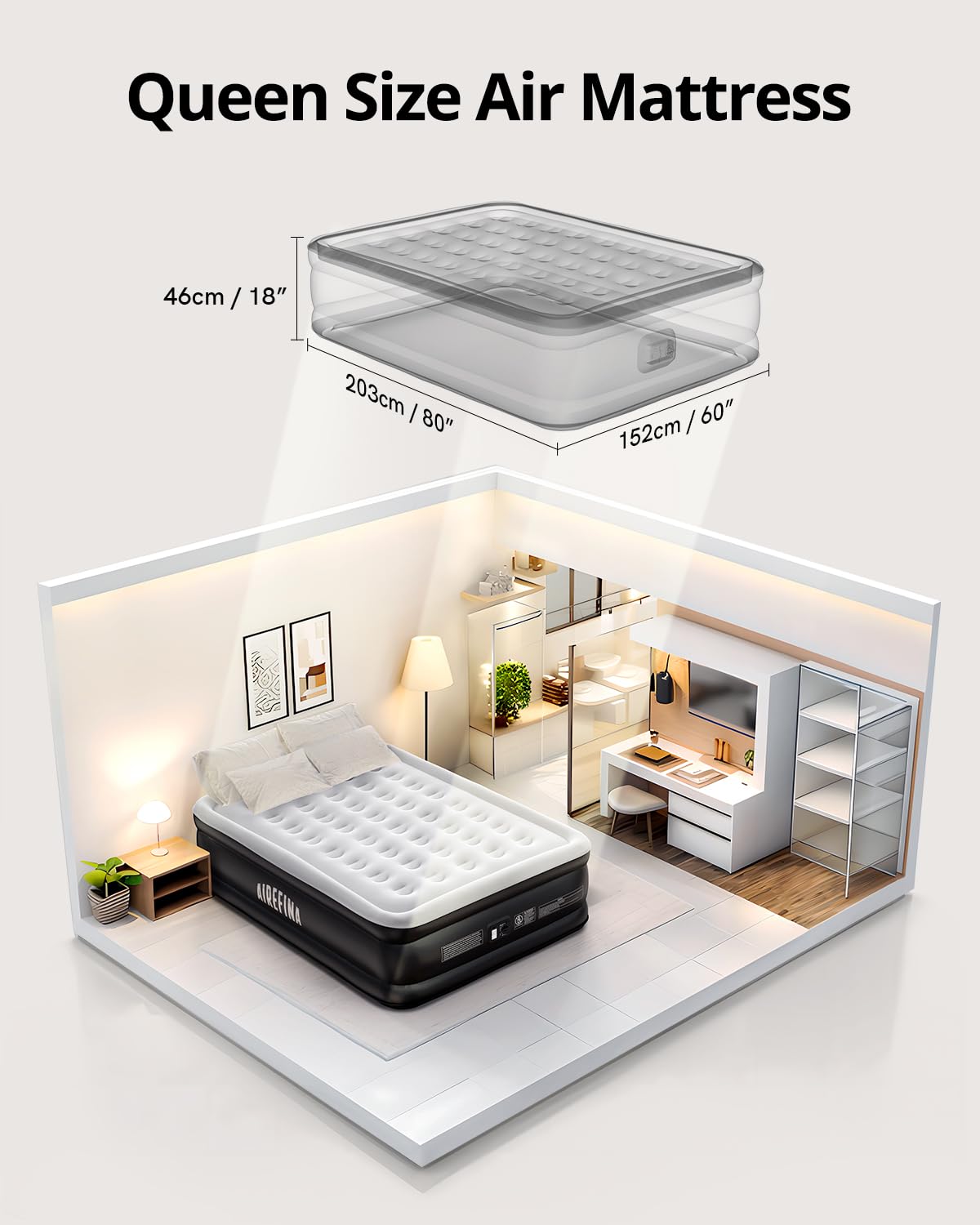 Airefina Air Mattress Queen with Built in Pump, 18 Raised Comfort Blow Up Mattress with Carrying Bag, Portable Inflatable Mattress for Guest Home, Air Bed Colchones Inflables 750 Lbs Max, 80*60*18 in