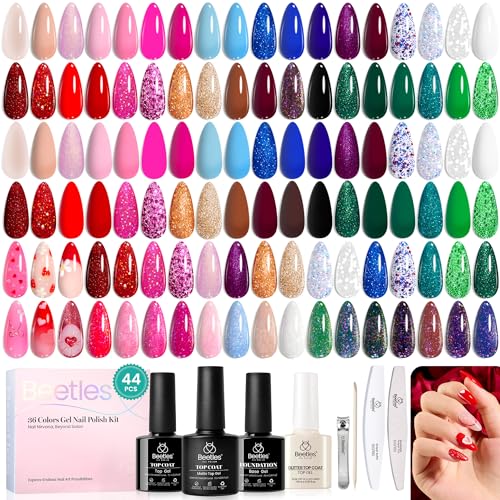 Beetles Glitter Gel Nail Polish Set, 44Pcs Christmas Burgundy Red Gold Green Silver Blue Pink Sparkle Gel Polish Kits with Base Top Coat Winter Manicure Gift for Women