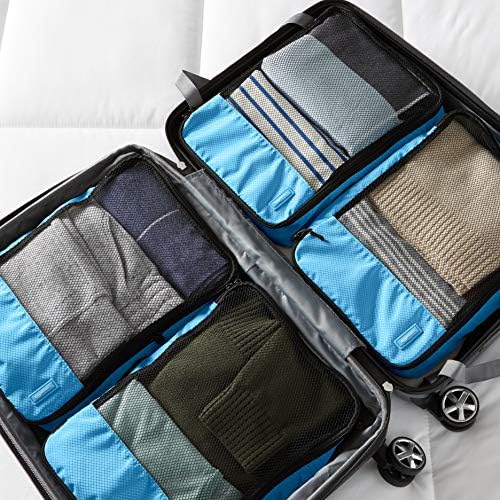 Amazon Basics Medium Packing Cubes for Travel, Packing Organizers, 4-Piece-Set With Double Zipper Pulls and Mesh Top Panel, 100% Durable Polyester, Sky Blue, 13.8"L x 9.8"W x 3"H