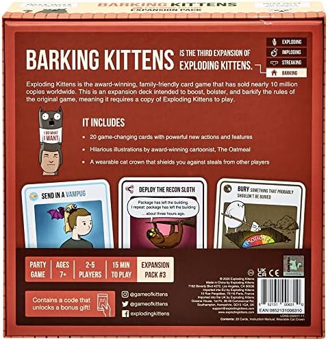 Barking Kittens Expansion Set - A Russian Roulette Card Game for Adults, Teens & Kids, Easy Family-Friendly Party Games - 20 Card Add-on