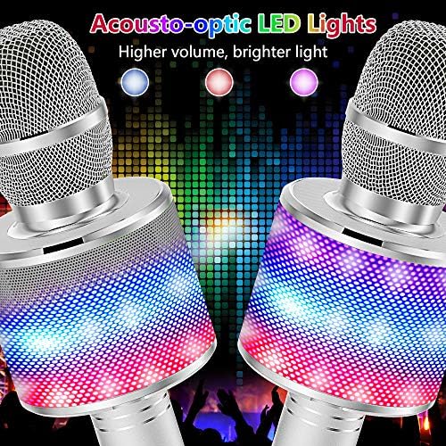 Amazmic Kids Karaoke Microphone Machine Toy Bluetooth Microphone Portable Wireless Karaoke Machine Handheld with LED Lights, Gift for Children Adults Birthday Party, Home KTV(Silver)