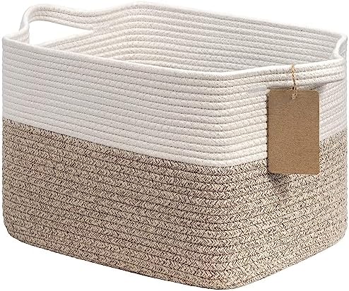 Goodpick Woven Storage Basket, Cotton Rope Basket for Dog Toys, Books, Stylish Gift Basket with Handles, 13 x 10 x 9 Inches Square Baskets for Organizing, Brown and White