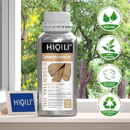 HIQILI Sandalwood Essential Oils, Long-Lasting Scent for Perfume, Diffuser, Soap Making & Candle- 16 Fl Oz