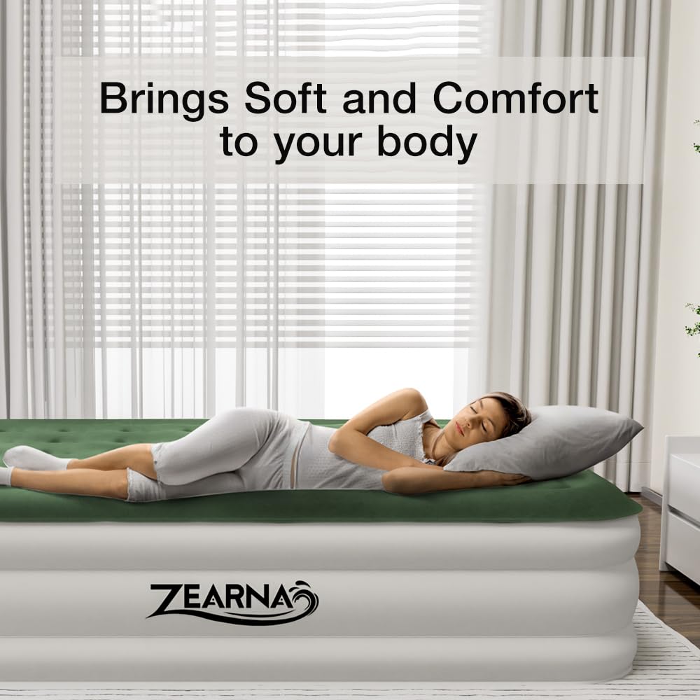Zearna Air Mattress Queen with Built in Pump - Upgraded Blow Up Bed, 2 Mins Quick Self Inflatable with Double Air Chamber, 18"/650lbs Max, All Night No Lost Air, for Camping,Home,Portable Travel