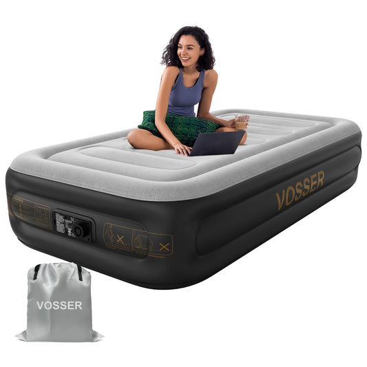 VOSSER Twin Air Mattress with Built in Pump,Inflatable Mattress 2 Mins Self-Inflation/Deflation,Thicker Blow up Mattress Leak-Proof,Flocked Top Air Bed with Storage Bag for Home, Camping & Guests