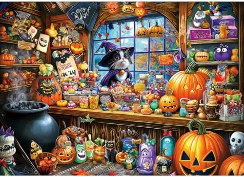 Halloween Witch Cat 1000 Piece Puzzle for Adults Halloween Candy Store Jigsaw Puzzle Spooky Treats Scene Challenging Impossible Puzzle Fun Games for Adults & Family Game Night