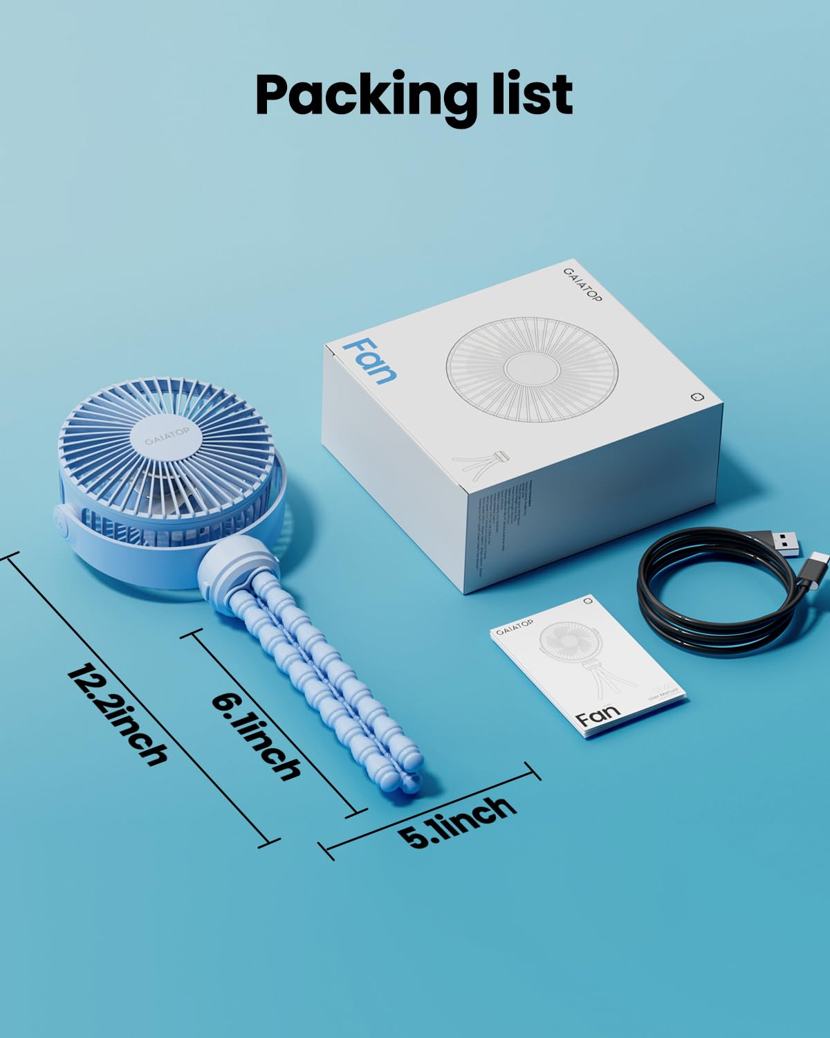 Gaiatop Mini Portable Stroller Fan, Battery Operated Small Clip on, Detachable 3 Speed Rechargeable, 360° Rotate Flexible Tripod Better Cooling for Car Seat Crib Treadmill Travel Blue