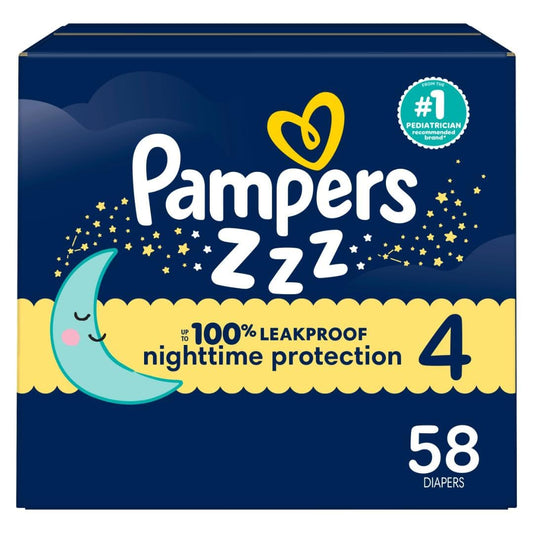 Pampers Overnight Diapers - Swaddlers Overnights - Size 4, 58 Count, Disposable Baby Diaper, Night Time Leak and Skin Protection
