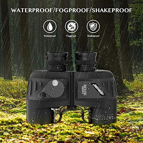 Aomekie 10x50 Binoculars for Adults Marine Military Binoculars Waterproof with Rangefinder Compass BAK4 Prism FMC Lens for Birdwatching Hunting Boating (10X50 Black)
