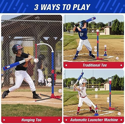 3-in-1 Baseball Set for Kids 3-5 - Tee Ball Stand, Hanging Tee, Ball Launcher and 6 Softballs - Adjustable Height, Indoor/Outdoor Sport Gifts for Boys, Blue